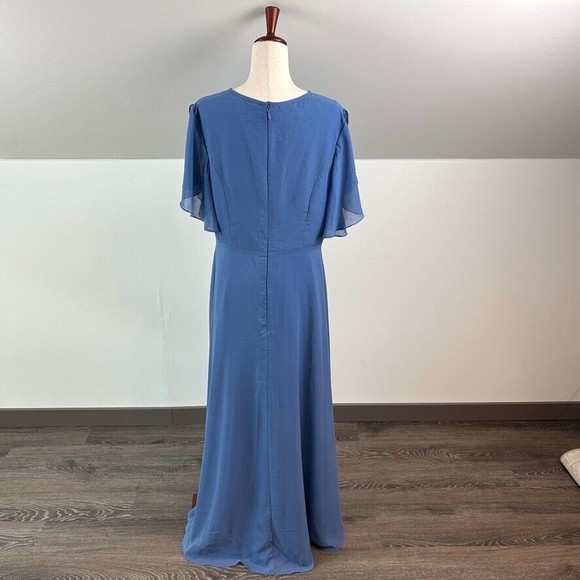 JJ's House A-Line Boat Neck High Low Chiffon Bridesmaid Dress w/ Flutter Sleeve - Picture 2 of 11